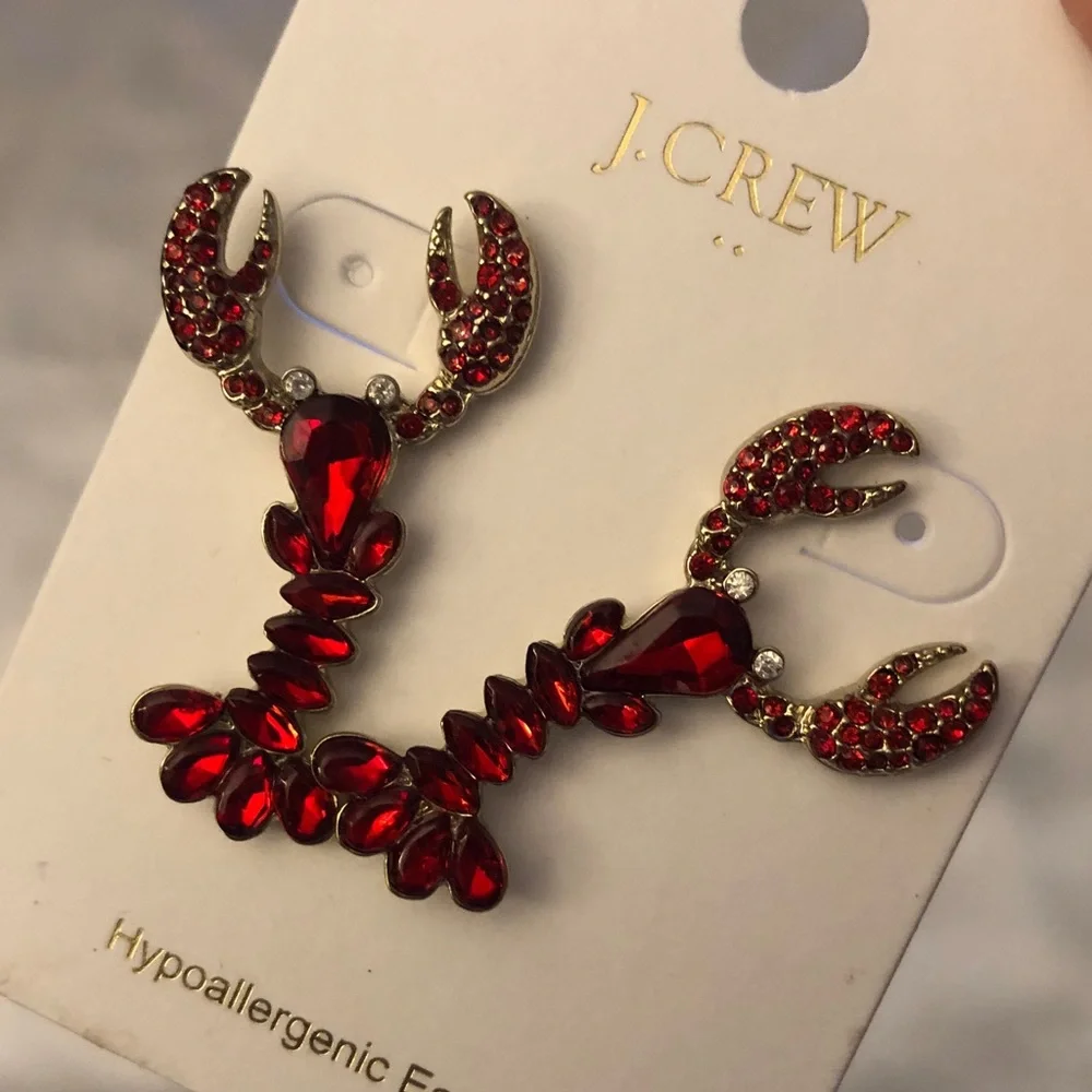 J. Crew Factory Silver Tone & Red Crystal Encrusted Lobster Drop Earrings NWT